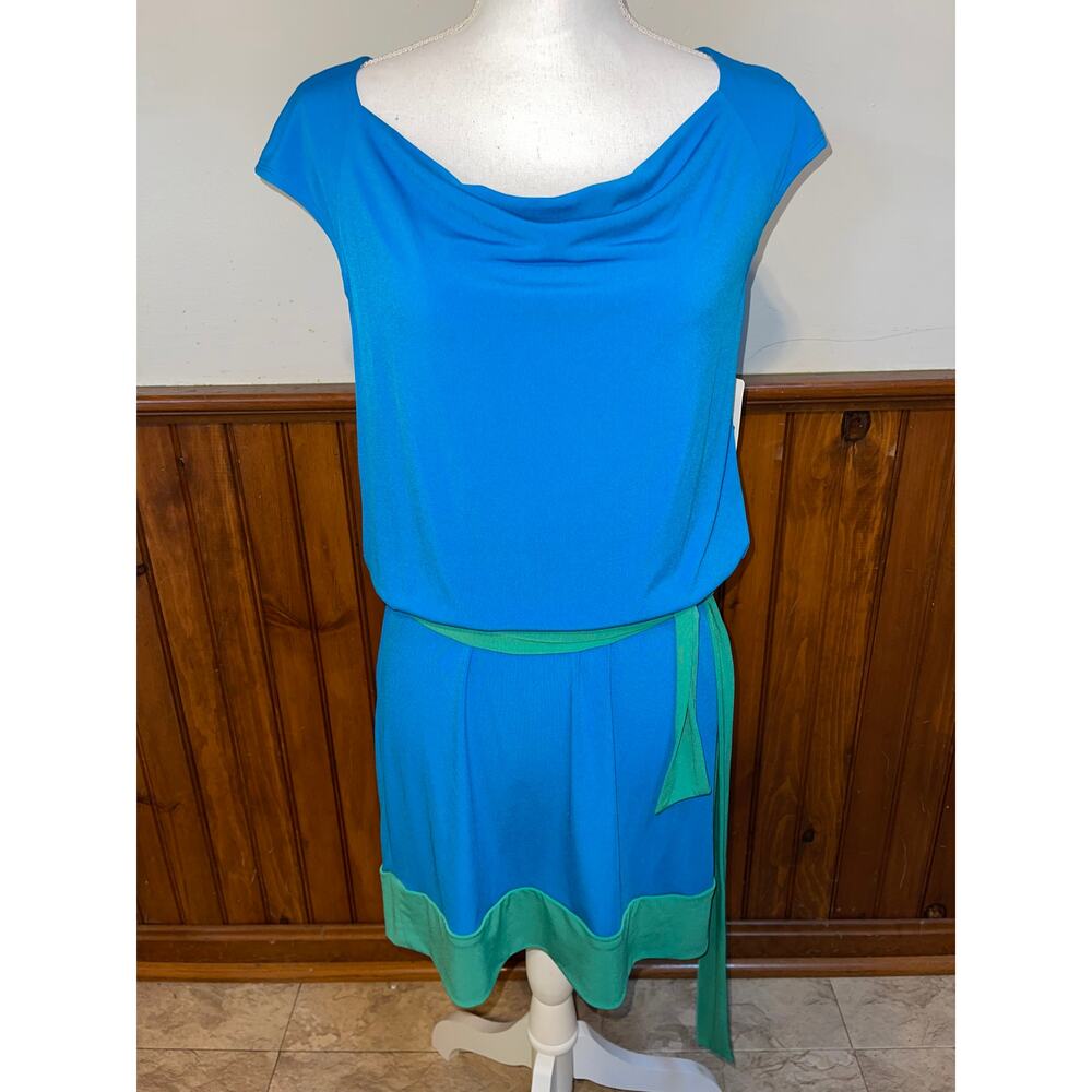 NWT Womens Laundry By Design Blue Green Short Sleeve Scoop Neck Tie Dress‎ S